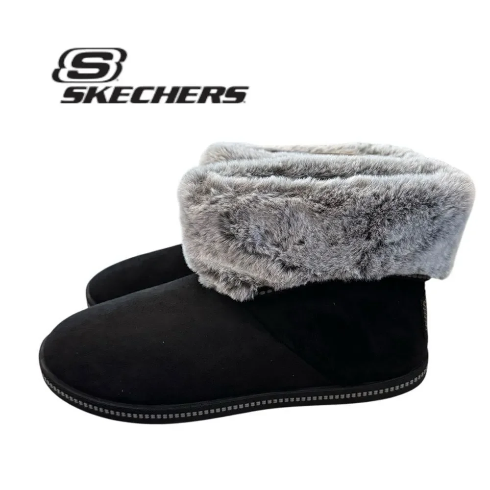 NEW Skechers Cozy Campfire Meant To Be Women Black Boots Gray Faux Fur Boots 7.5